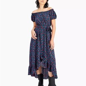 Bar III Pink and Purple Floral Off the Shoulder High Low Dress Boho